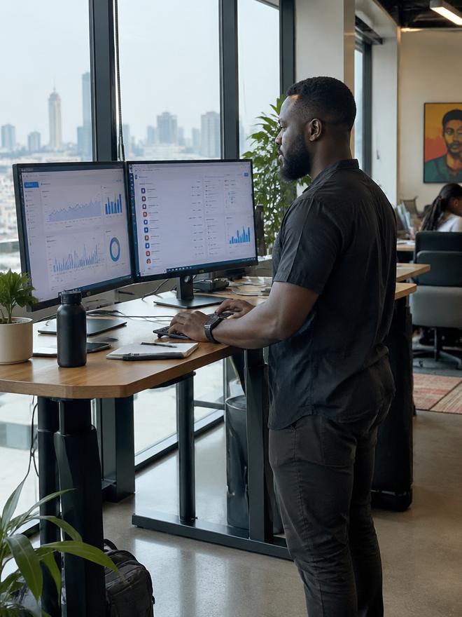A digital marketer at a desk with analytics dashboards