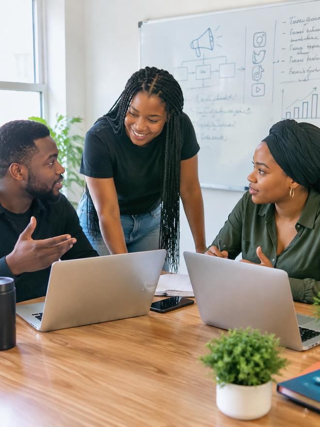 A small agency team working around laptops
