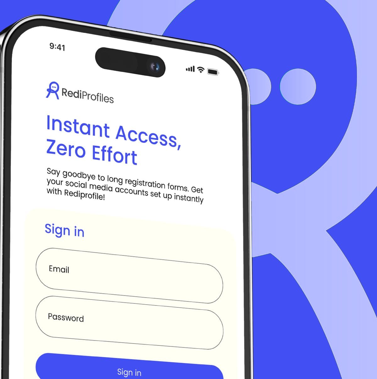 Rediprofiles sign-in screen on a phone